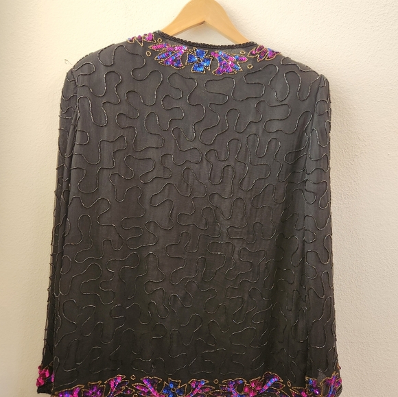 Vintage J.M.C. Silk Jacket Open Front Beaded Sequins Long Sleeve Black Size 1X - Picture 9 of 15